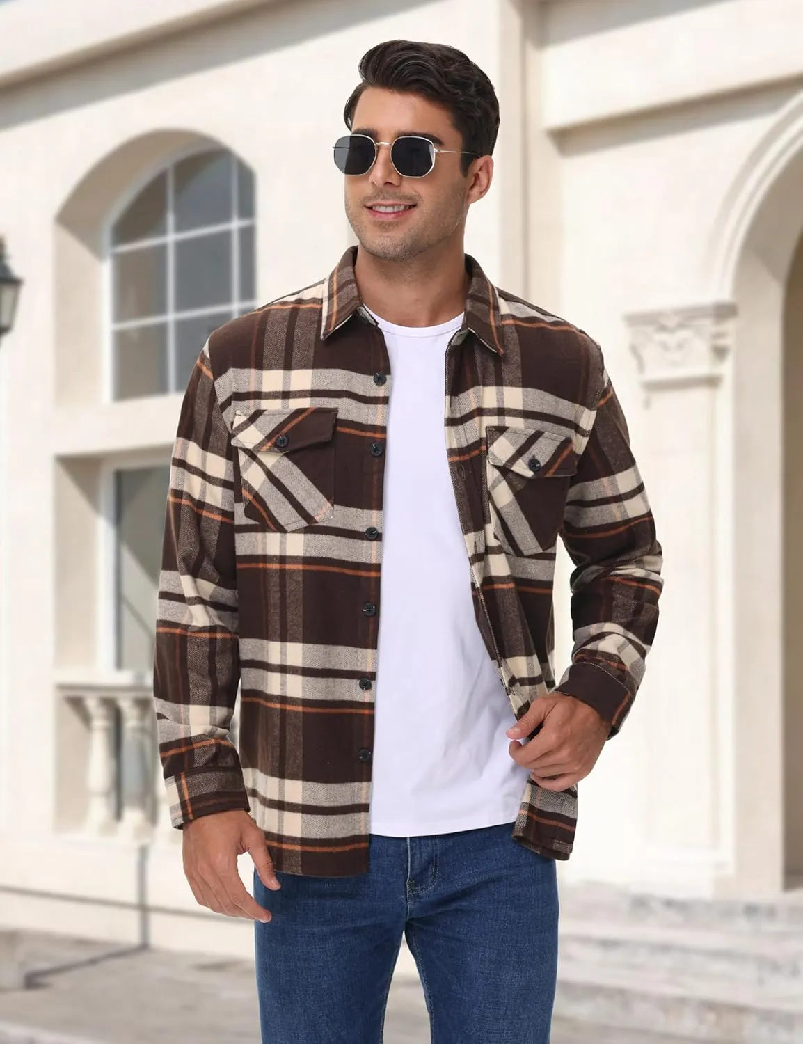 Cotrasen Mens Flannel Shirts Long Sleeve Cotton Flannel Shirt for Men Casual Button Up Plaid T-Shirt with 2 Pockets