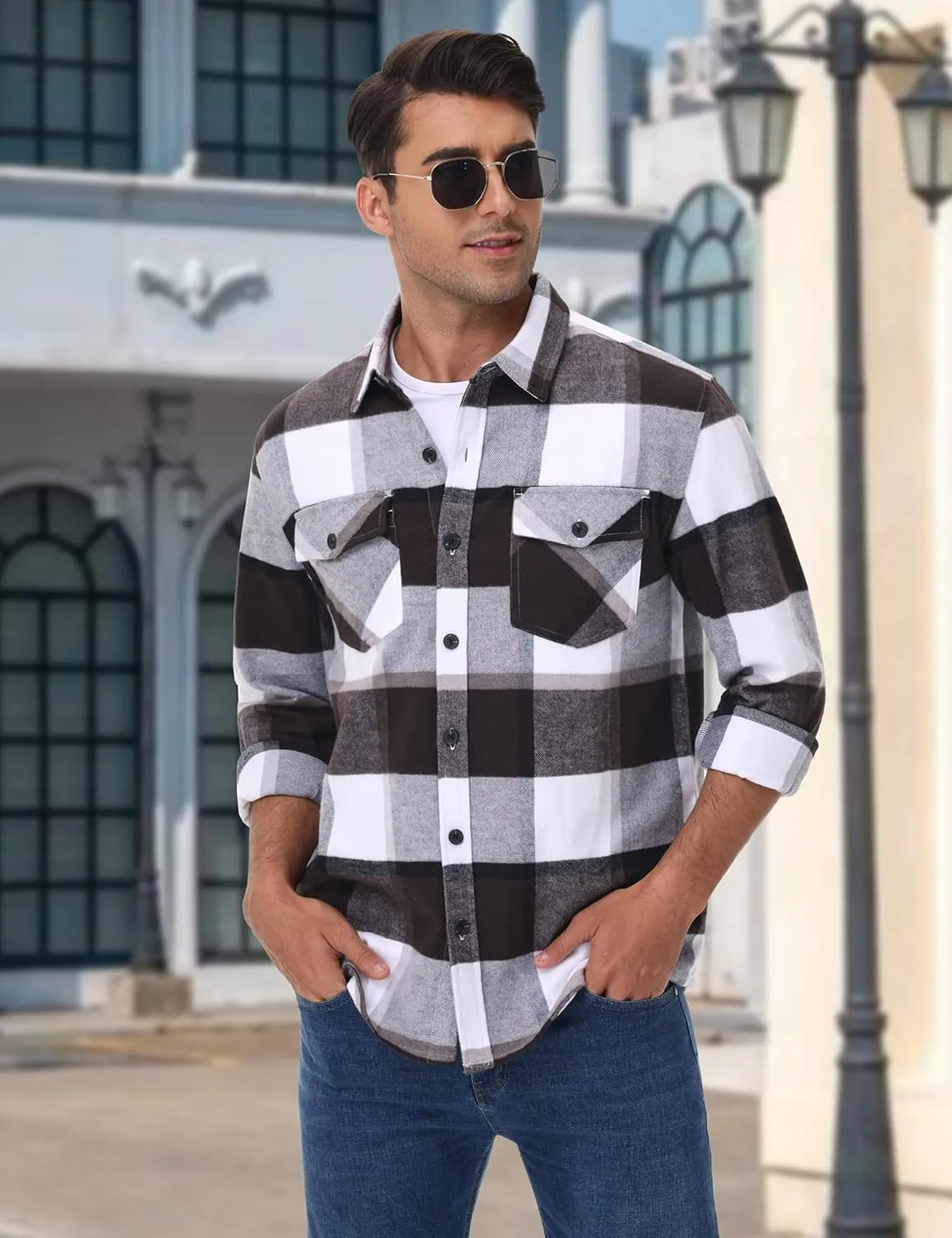 Cotrasen Mens Flannel Shirts Long Sleeve Cotton Flannel Shirt for Men Casual Button Up Plaid T-Shirt with 2 Pockets