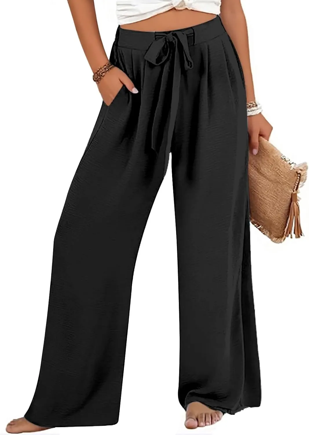 Cotton Linen Pants Women Plus Size,Summer Wide Leg Palazzo Pants High Waist Tie Knot Trousers,Loose Vacation Outfits