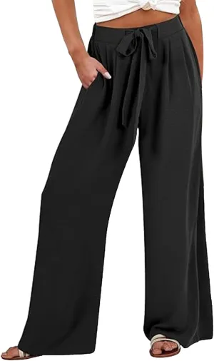 Cotton Linen Pants Women Plus Size,Summer Wide Leg Palazzo Pants High Waist Tie Knot Trousers,Loose Vacation Outfits