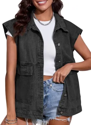 COZYPOIN Womens Denim Vest Oversized Button Down Sleeveless Denim Jean Vest Trendy Vintage Jacket Waistcoat with Pockets