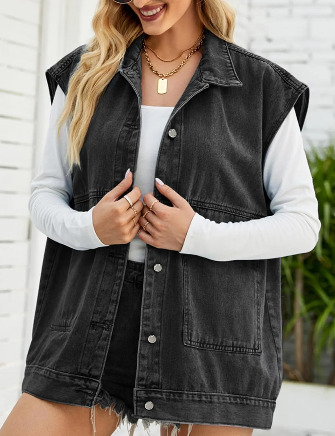 COZYPOIN Womens Denim Vest Oversized Button Down Sleeveless Denim Jean Vest Trendy Vintage Jacket Waistcoat with Pockets