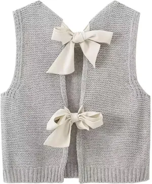 COZYPOIN Womens Sweater Vest Cute Bow Tie Back Sleeveless Open Back Crop Top Y2K Casual Knit Cardigan Vest Tank Tops