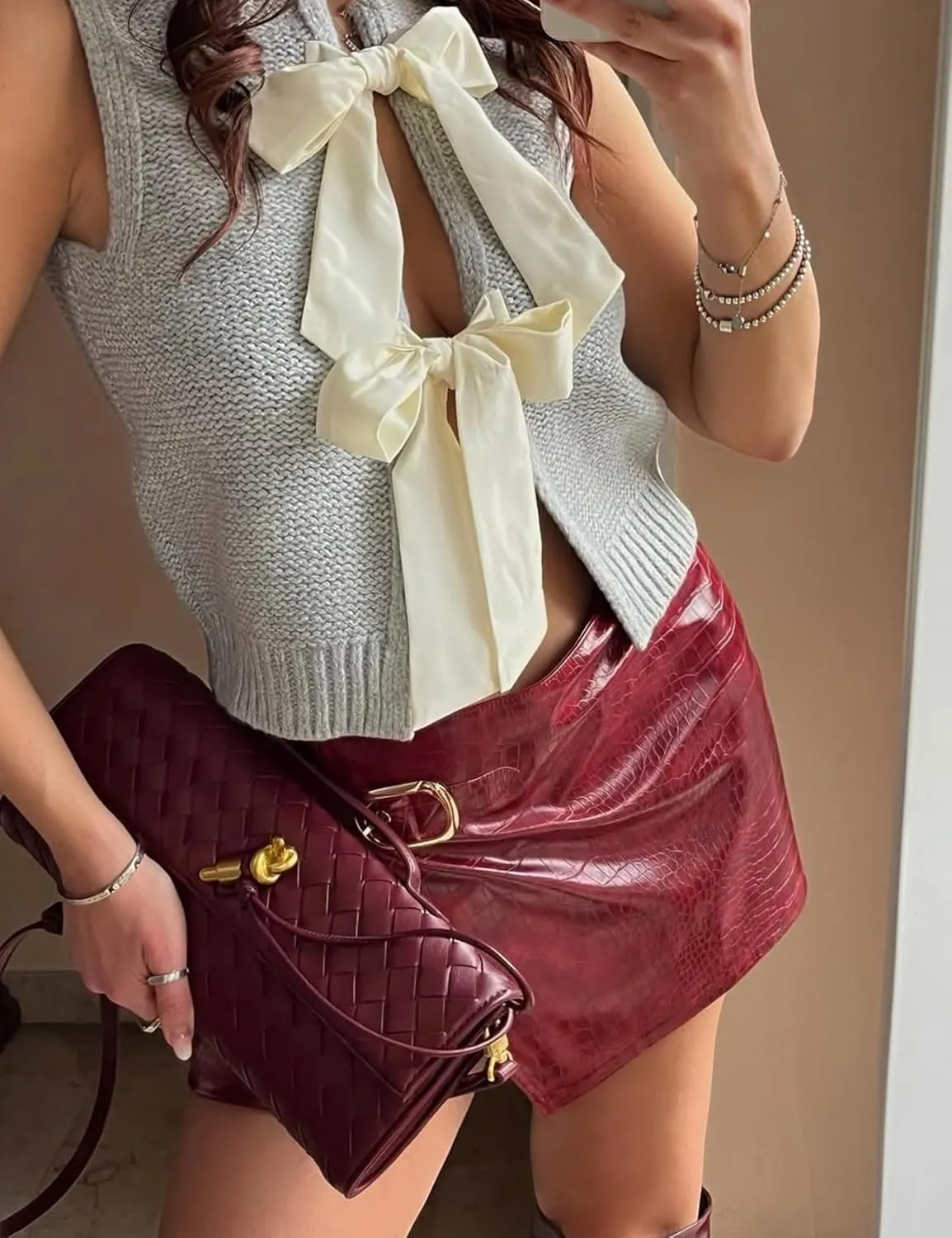 COZYPOIN Womens Sweater Vest Cute Bow Tie Back Sleeveless Open Back Crop Top Y2K Casual Knit Cardigan Vest Tank Tops