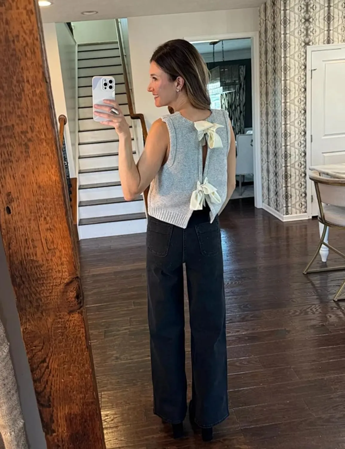 COZYPOIN Womens Sweater Vest Cute Bow Tie Back Sleeveless Open Back Crop Top Y2K Casual Knit Cardigan Vest Tank Tops