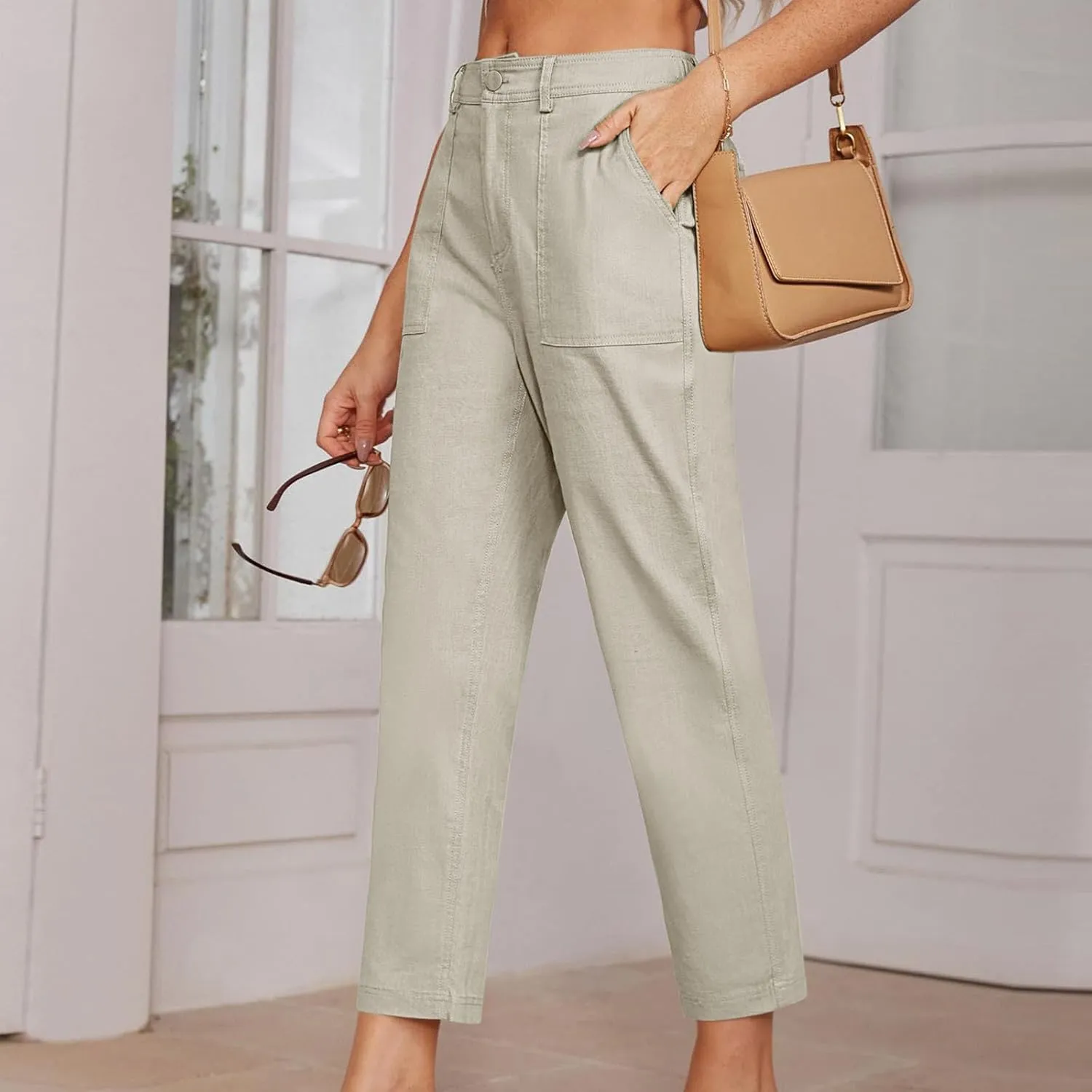 Cropped Dress Pants for Women Business Casual High Waist Ankle Work Pants Straight Leg Capri Trousers with Pockets