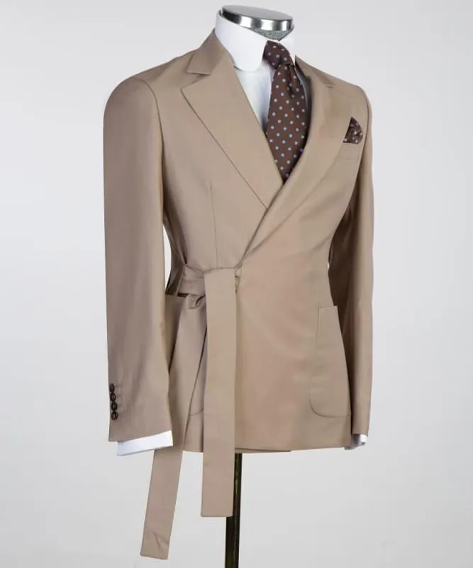 Custom Two Pieces Brown Prom Suits Notched Lapel with Belt