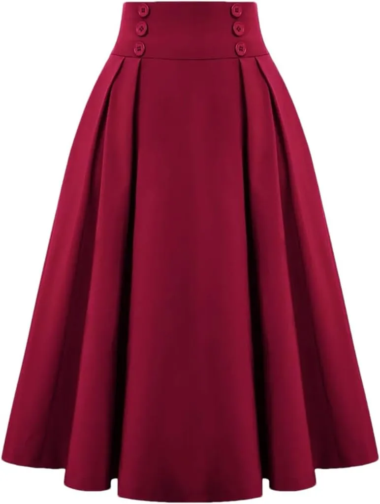 Dbdkejj Women Summer Spring Pleated Skirts for Solid Color High Waist Button Front Midi Maxi Skirt