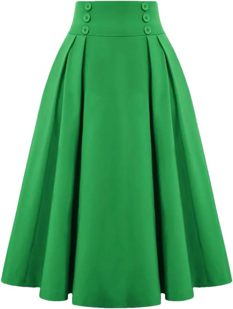 Dbdkejj Women Summer Spring Pleated Skirts for Solid Color High Waist Button Front Midi Maxi Skirt
