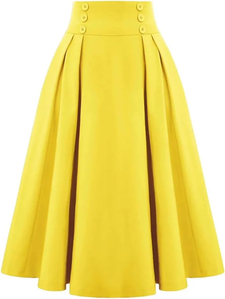 Dbdkejj Women Summer Spring Pleated Skirts for Solid Color High Waist Button Front Midi Maxi Skirt