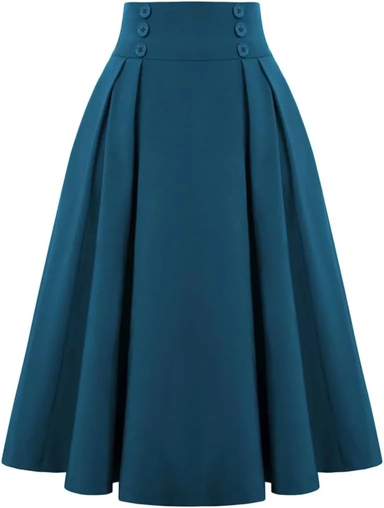 Dbdkejj Women Summer Spring Pleated Skirts for Solid Color High Waist Button Front Midi Maxi Skirt