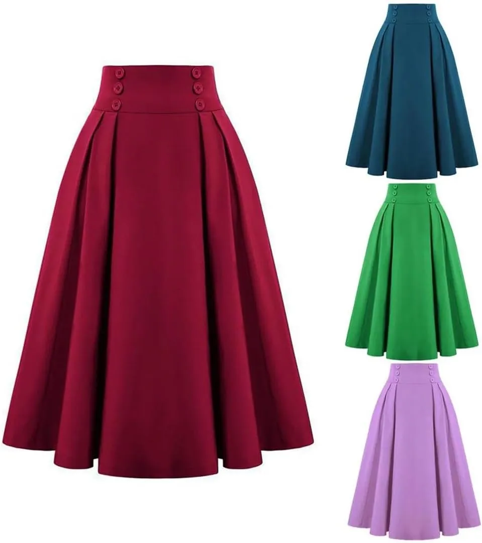 Dbdkejj Women Summer Spring Pleated Skirts for Solid Color High Waist Button Front Midi Maxi Skirt