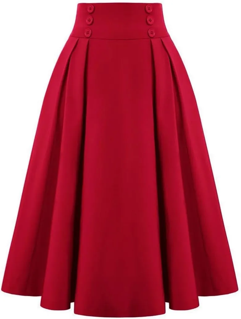 Dbdkejj Women Summer Spring Pleated Skirts for Solid Color High Waist Button Front Midi Maxi Skirt