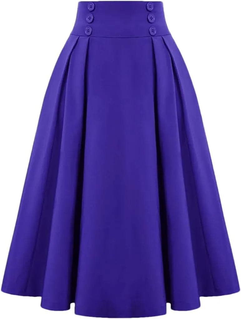 Dbdkejj Women Summer Spring Pleated Skirts for Solid Color High Waist Button Front Midi Maxi Skirt