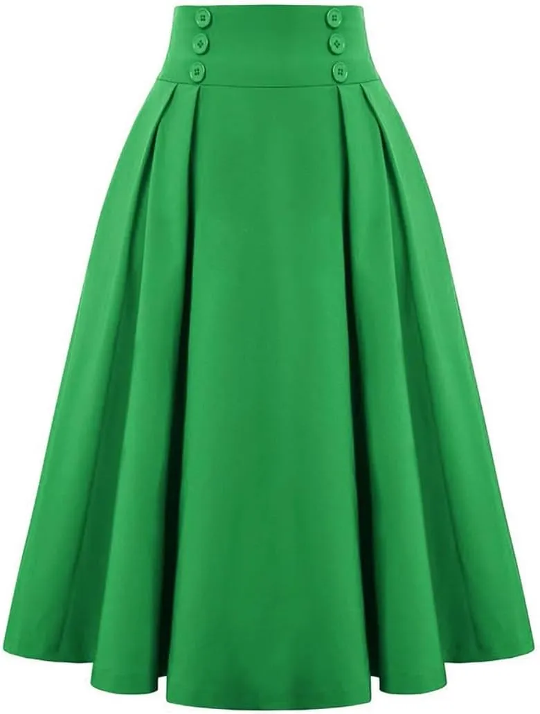 Dbdkejj Women Summer Spring Pleated Skirts for Solid Color High Waist Button Front Midi Maxi Skirt
