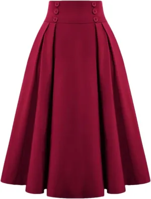 Dbdkejj Women Summer Spring Pleated Skirts for Solid Color High Waist Button Front Midi Maxi Skirt