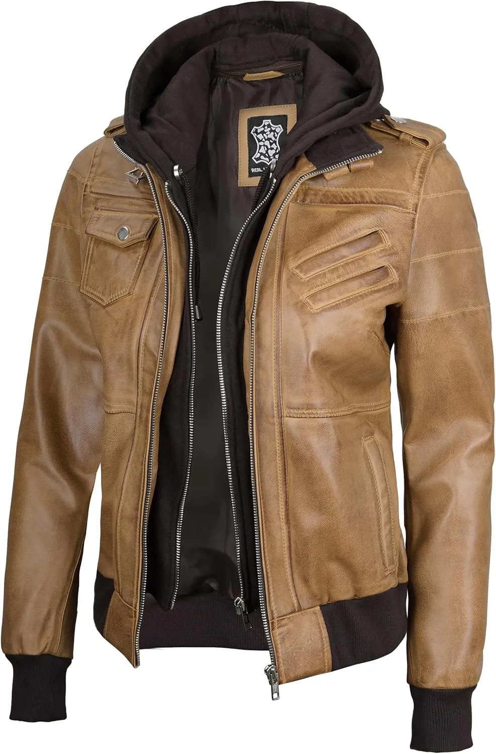 Decrum Leather Jacket Women - Casual Real Lambskin Leather Bomber Jacket Women with Detachable Hood