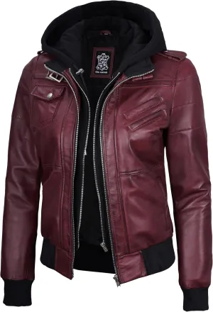 Decrum Leather Jacket Women - Casual Real Lambskin Leather Bomber Jacket Women with Detachable Hood