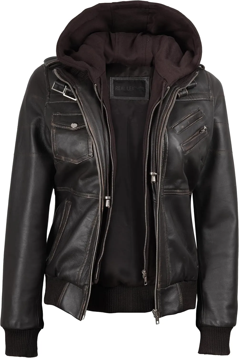 Decrum Leather Jacket Women - Casual Real Lambskin Leather Bomber Jacket Women with Detachable Hood