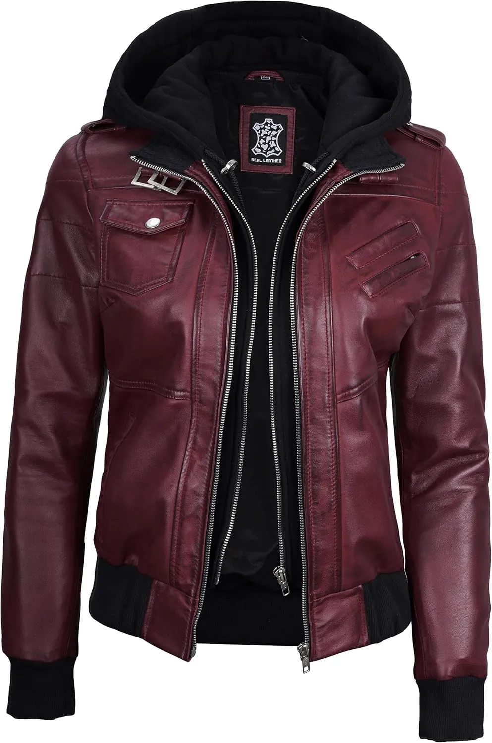 Decrum Leather Jacket Women - Casual Real Lambskin Leather Bomber Jacket Women with Detachable Hood