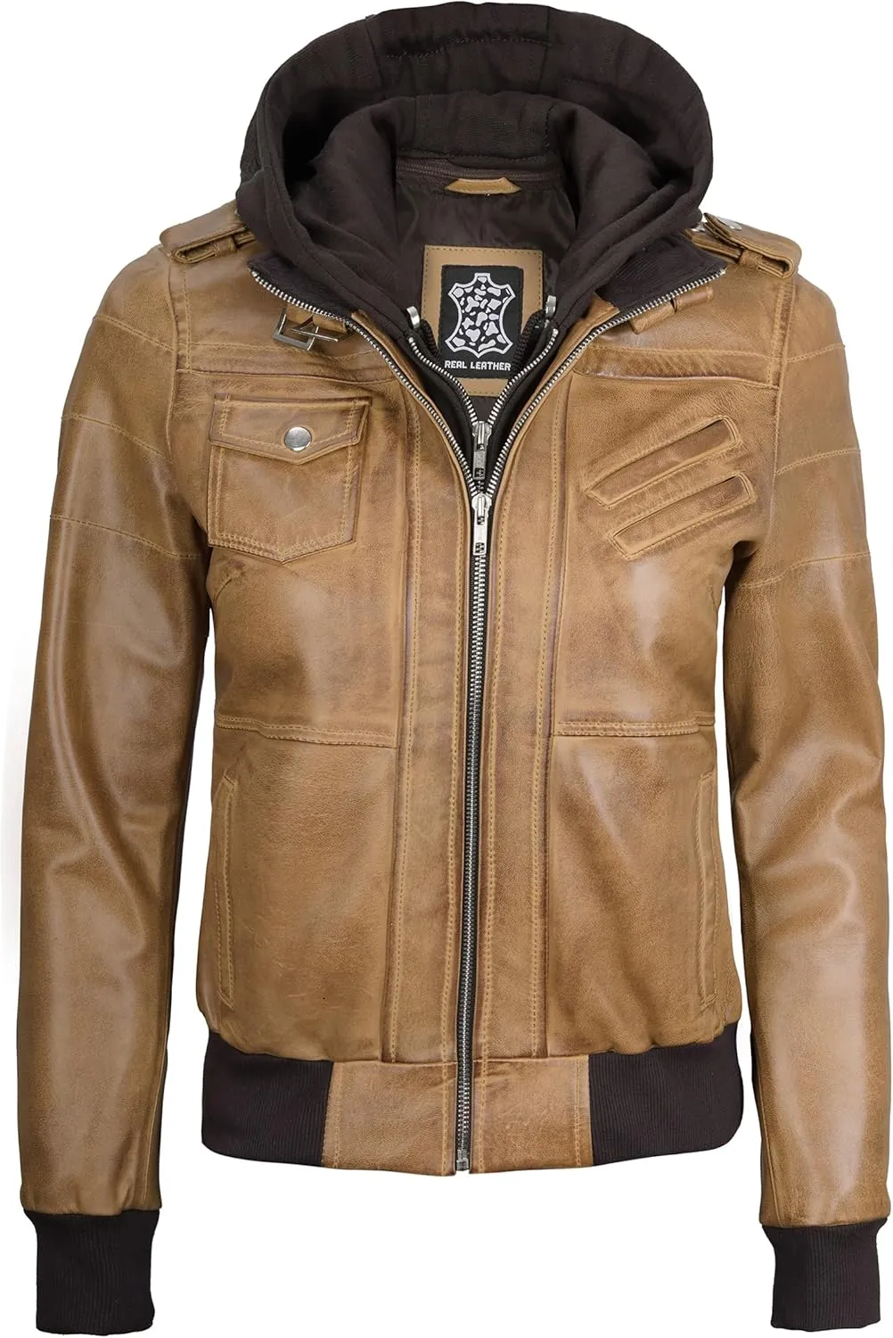 Decrum Leather Jacket Women - Casual Real Lambskin Leather Bomber Jacket Women with Detachable Hood
