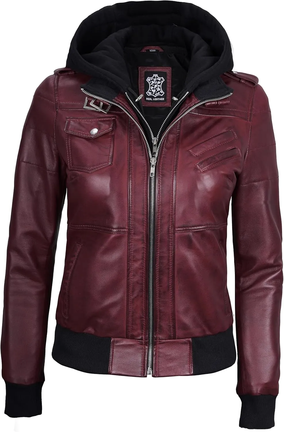Decrum Leather Jacket Women - Casual Real Lambskin Leather Bomber Jacket Women with Detachable Hood
