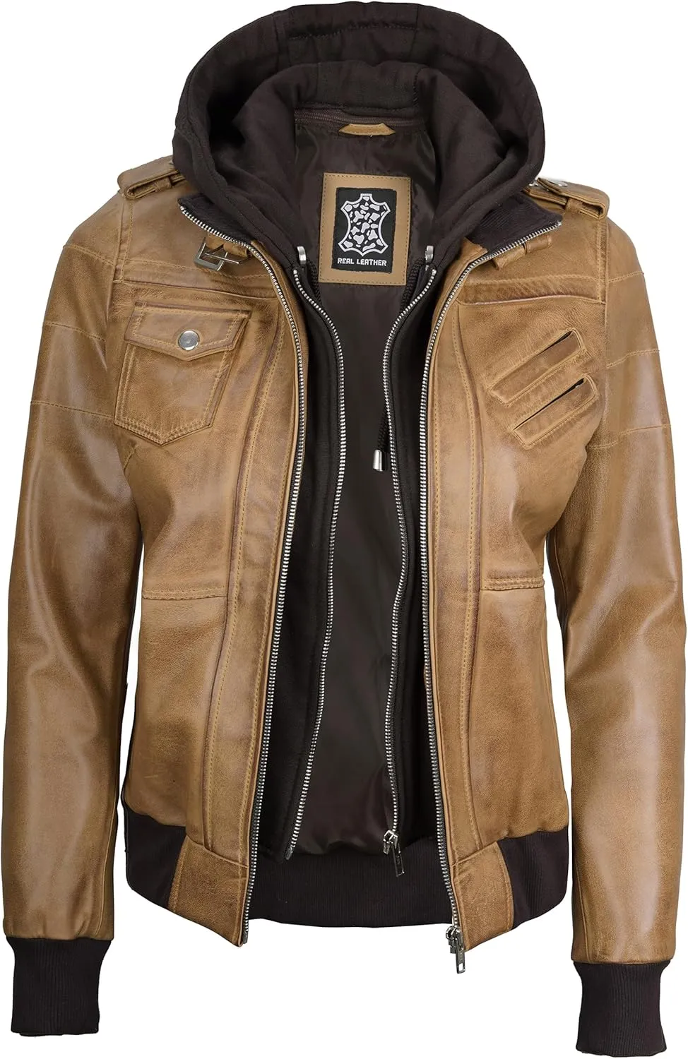Decrum Leather Jacket Women - Casual Real Lambskin Leather Bomber Jacket Women with Detachable Hood