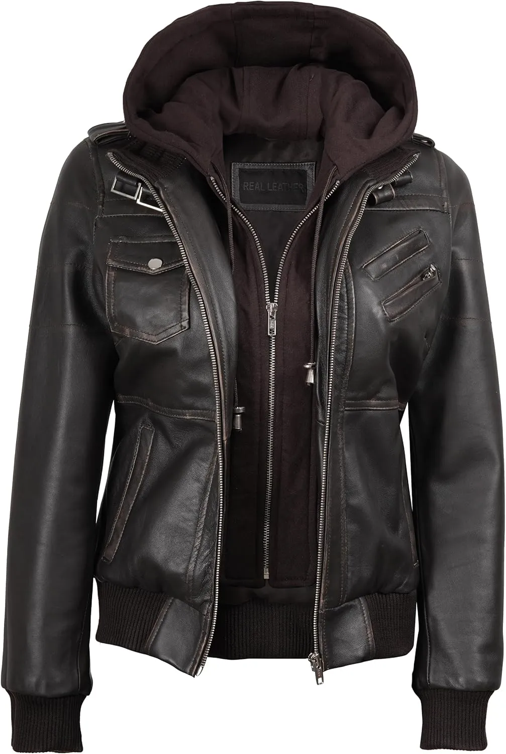 Decrum Leather Jacket Women - Casual Real Lambskin Leather Bomber Jacket Women with Detachable Hood