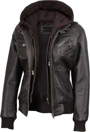 Decrum Leather Jacket Women - Casual Real Lambskin Leather Bomber Jacket Women with Detachable Hood