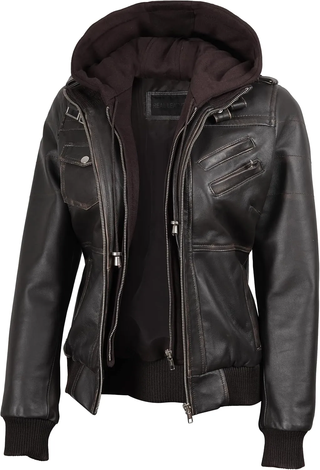 Decrum Leather Jacket Women - Casual Real Lambskin Leather Bomber Jacket Women with Detachable Hood