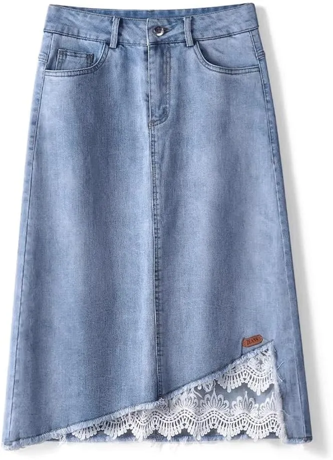 Denim Skirt Women's Fall High-Waisted A-line Skirt Mid-Length Lace Patchwork Bag Hip Skirt