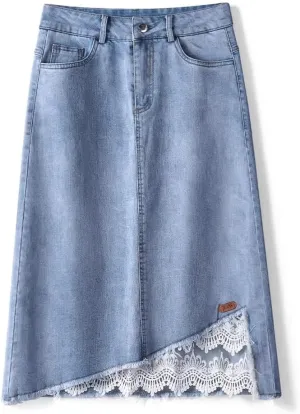 Denim Skirt Women's Fall High-Waisted A-line Skirt Mid-Length Lace Patchwork Bag Hip Skirt