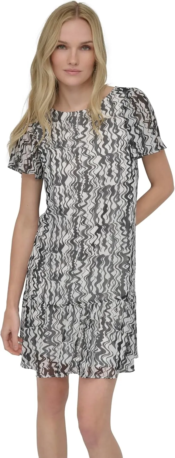 DKNY Women's Flutter Sleeve Ruffle Hem Shift Mini Dress
