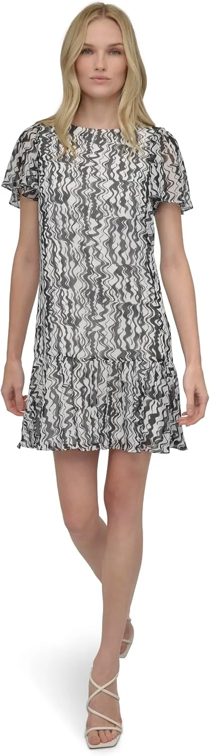DKNY Women's Flutter Sleeve Ruffle Hem Shift Mini Dress