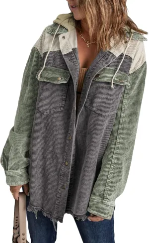 Dokotoo Womens 2024 Fall Corduroy Shacket Jacket Long Sleeve Button Down Color Block Hooded Coat with Pockets