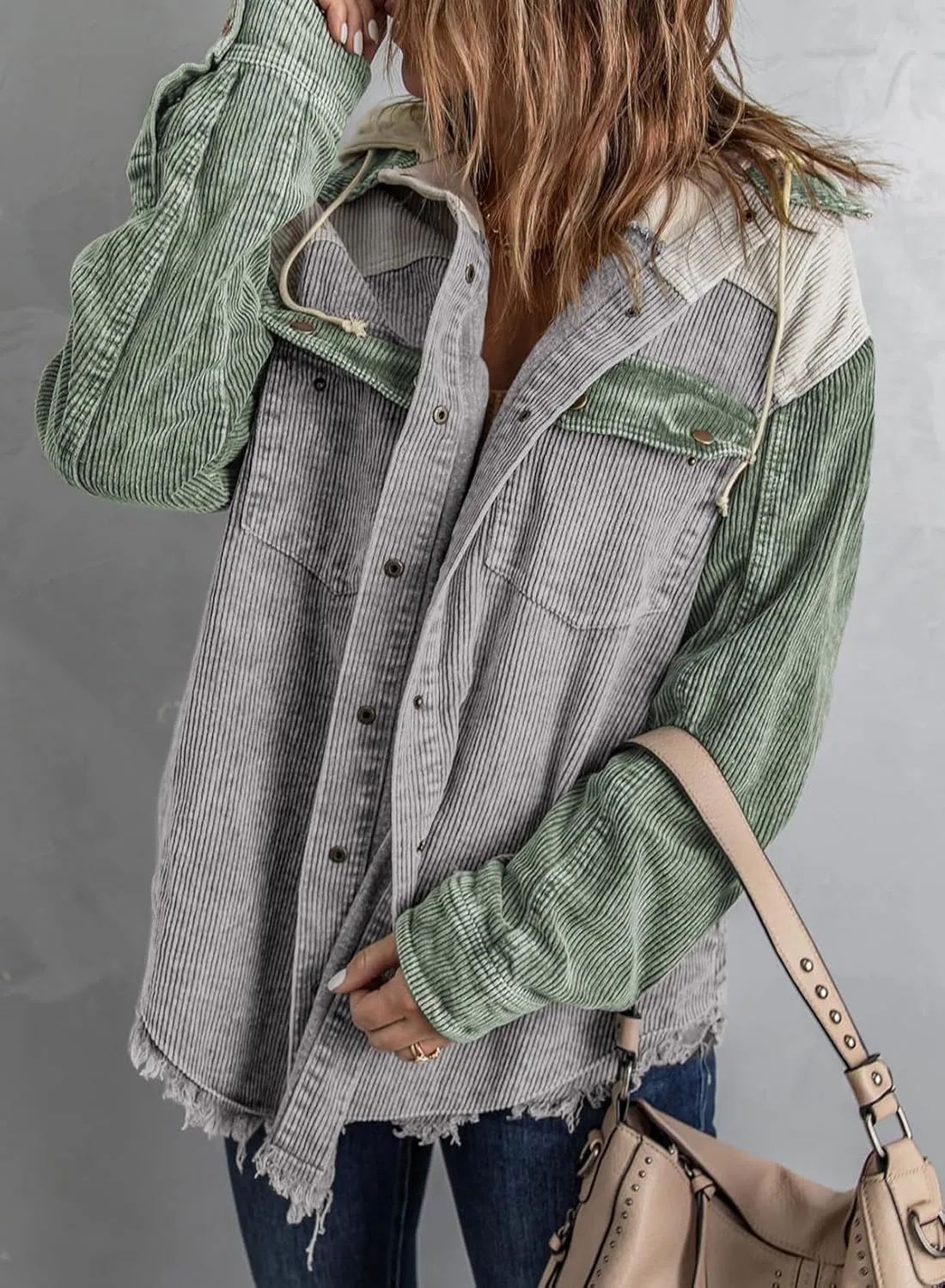 Dokotoo Womens 2024 Fall Corduroy Shacket Jacket Long Sleeve Button Down Color Block Hooded Coat with Pockets