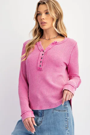 Easel Thermal Knit Washed Henley Top In Orchid
