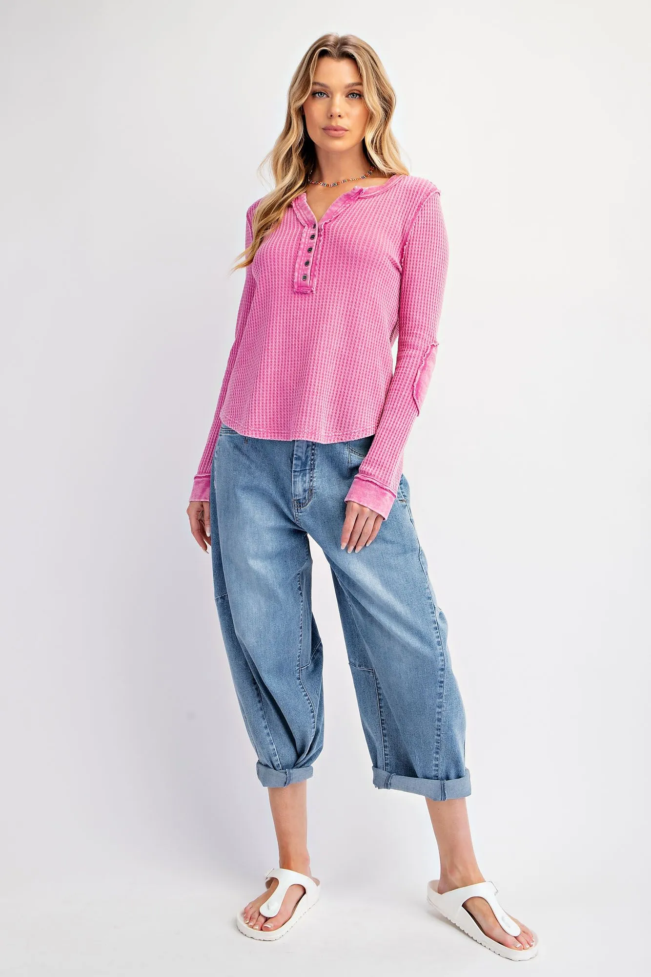 Easel Thermal Knit Washed Henley Top In Orchid