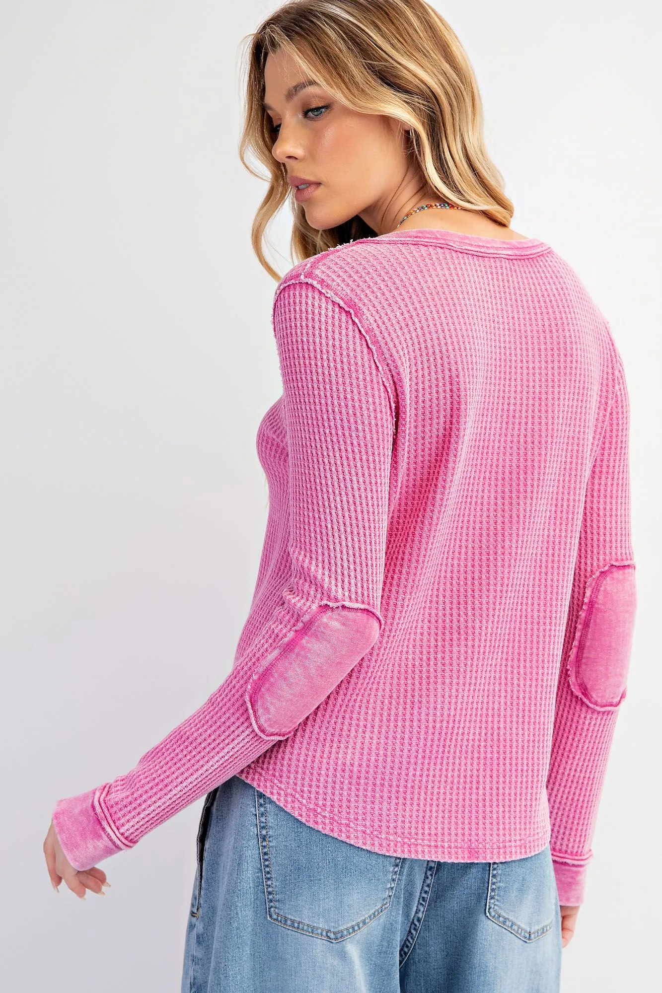 Easel Thermal Knit Washed Henley Top In Orchid