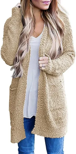 ebossy Women's Fuzzy Popcorn Casual Open Front Cardigan Long Sleeve Chunky Knit Sweater Outwear Coat with Pockets