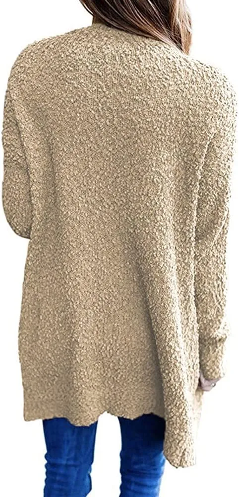 ebossy Women's Fuzzy Popcorn Casual Open Front Cardigan Long Sleeve Chunky Knit Sweater Outwear Coat with Pockets