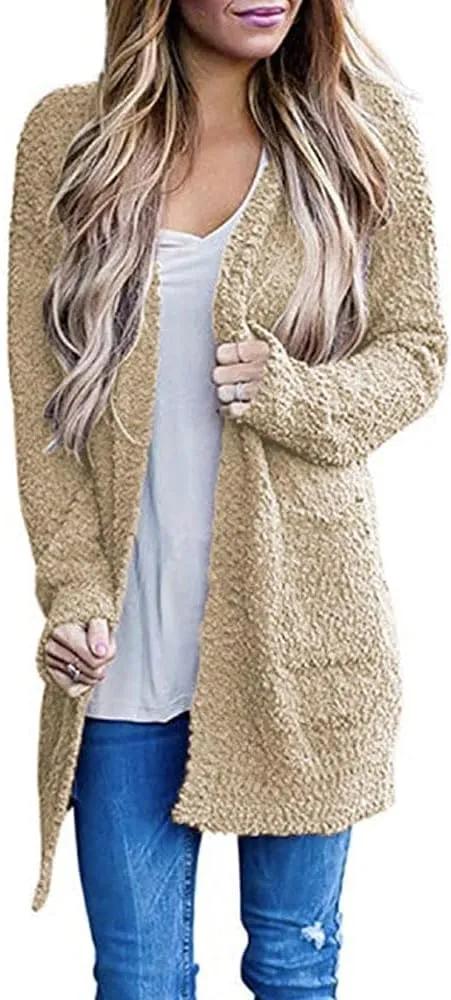 ebossy Women's Fuzzy Popcorn Casual Open Front Cardigan Long Sleeve Chunky Knit Sweater Outwear Coat with Pockets
