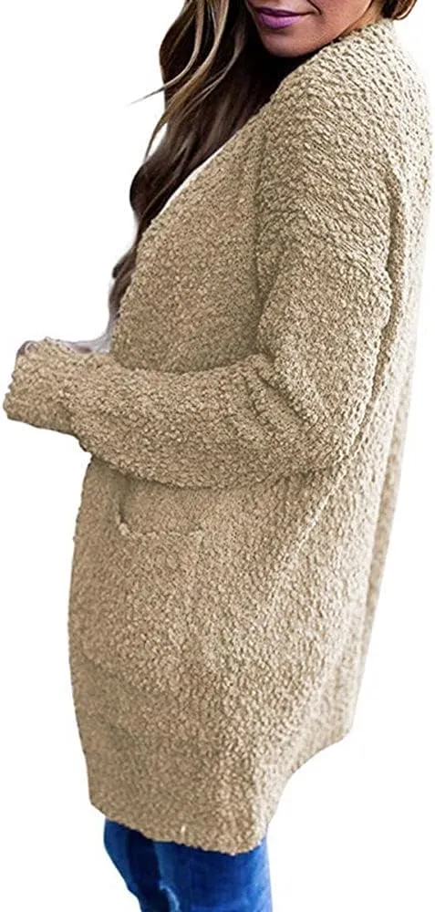 ebossy Women's Fuzzy Popcorn Casual Open Front Cardigan Long Sleeve Chunky Knit Sweater Outwear Coat with Pockets