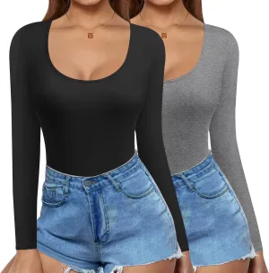 Ekouaer 2 Pack Women's Scoop Neck Tops Long Sleeve Slim Fit T Shirt Thermal Shirts Basic Tight Tee XS-XXL