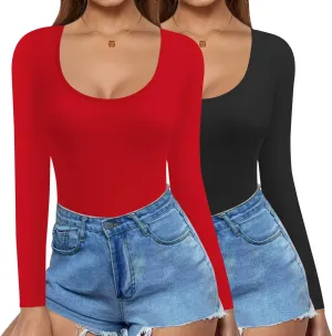 Ekouaer 2 Pack Women's Scoop Neck Tops Long Sleeve Slim Fit T Shirt Thermal Shirts Basic Tight Tee XS-XXL
