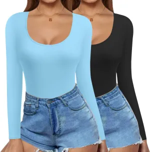 Ekouaer 2 Pack Women's Scoop Neck Tops Long Sleeve Slim Fit T Shirt Thermal Shirts Basic Tight Tee XS-XXL
