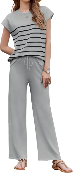 Ekouaer Striped Lounge Set 2 Piece Sweater Matching Outfits Travel Knit Clothing Sets for Women