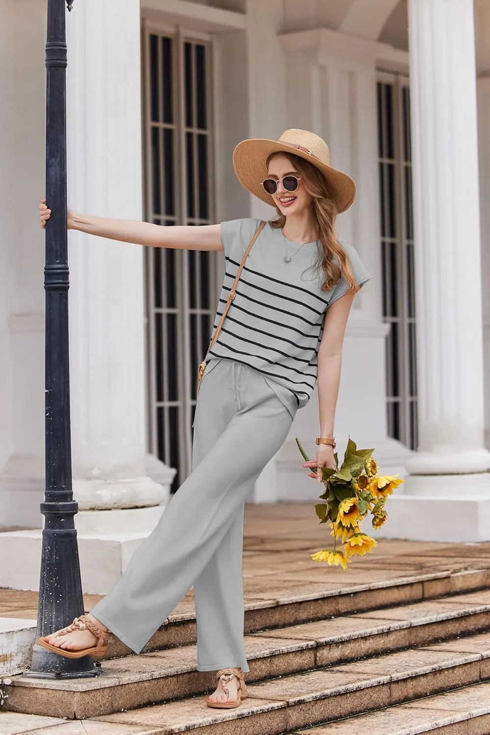 Ekouaer Striped Lounge Set 2 Piece Sweater Matching Outfits Travel Knit Clothing Sets for Women