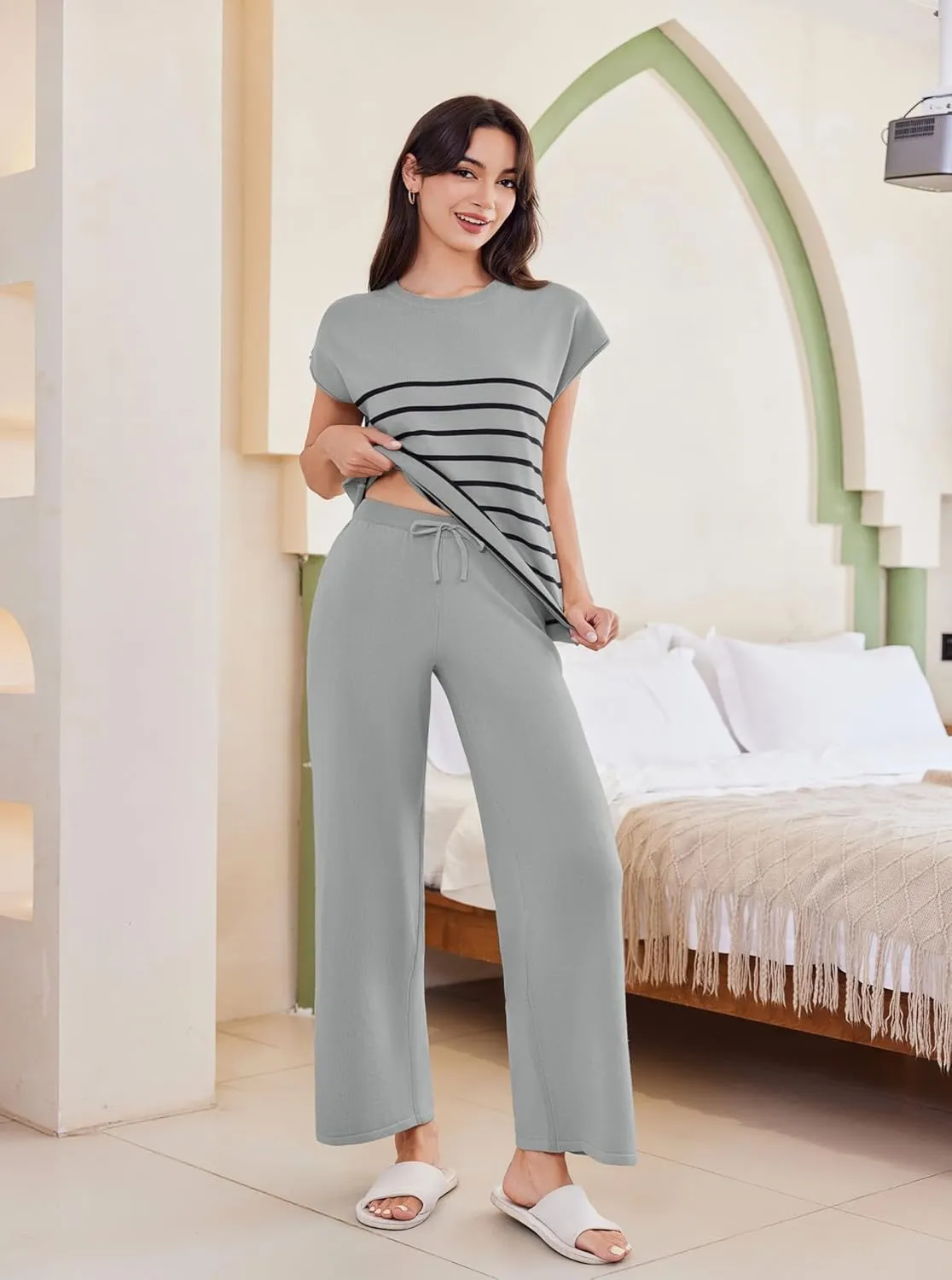 Ekouaer Striped Lounge Set 2 Piece Sweater Matching Outfits Travel Knit Clothing Sets for Women