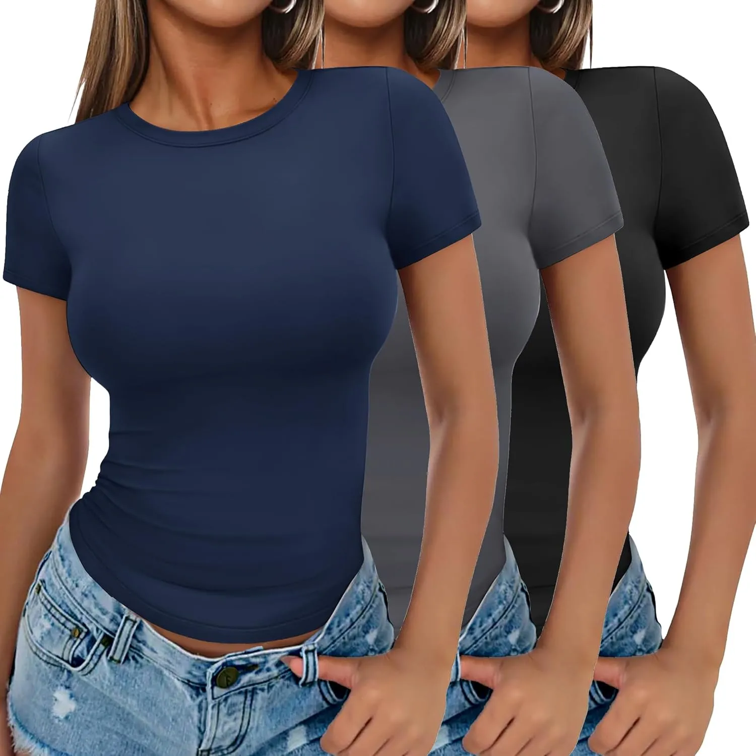 Ekouaer Womens Basic Tee Shirts 3 Pack Short Sleeve Crew Neck Thermal Underwear Tops Base Layer